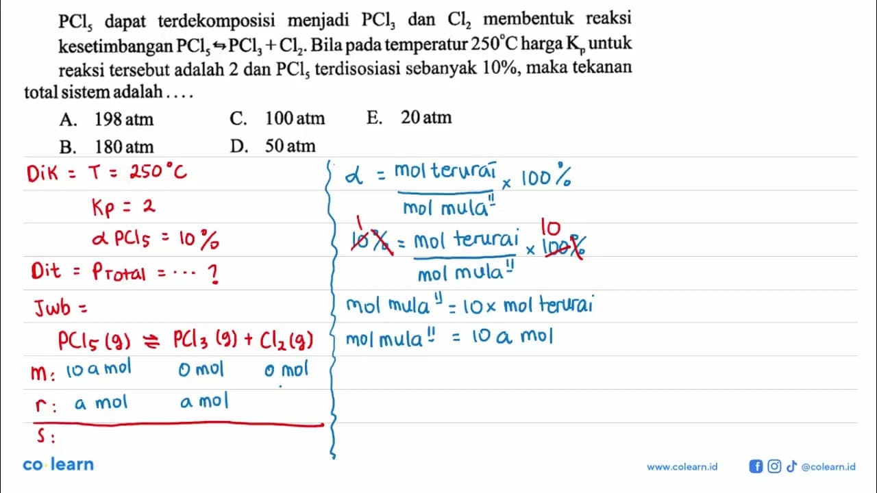 PCl5 dapat terdekomposisi menjadi PCl3 dan Cl2 membentuk