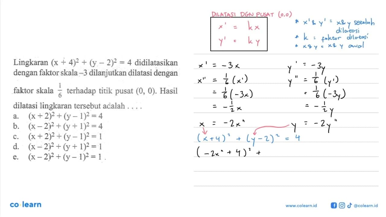 Lingkaran (x+4)^2+(y-2)^2=4 didilatasikan dengan faktor