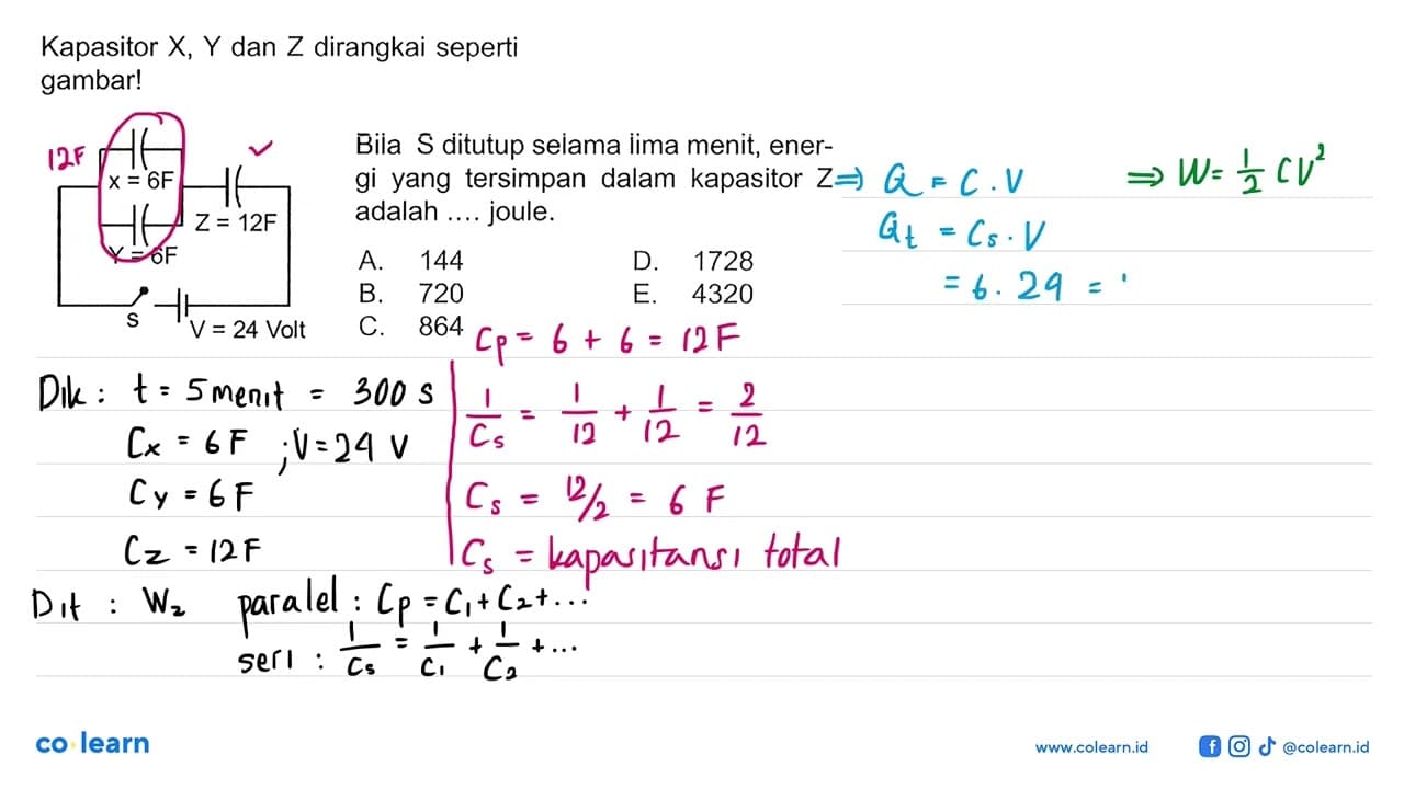 Kapasitor X, Y dan Z dirangkai seperti gambar!Bila S