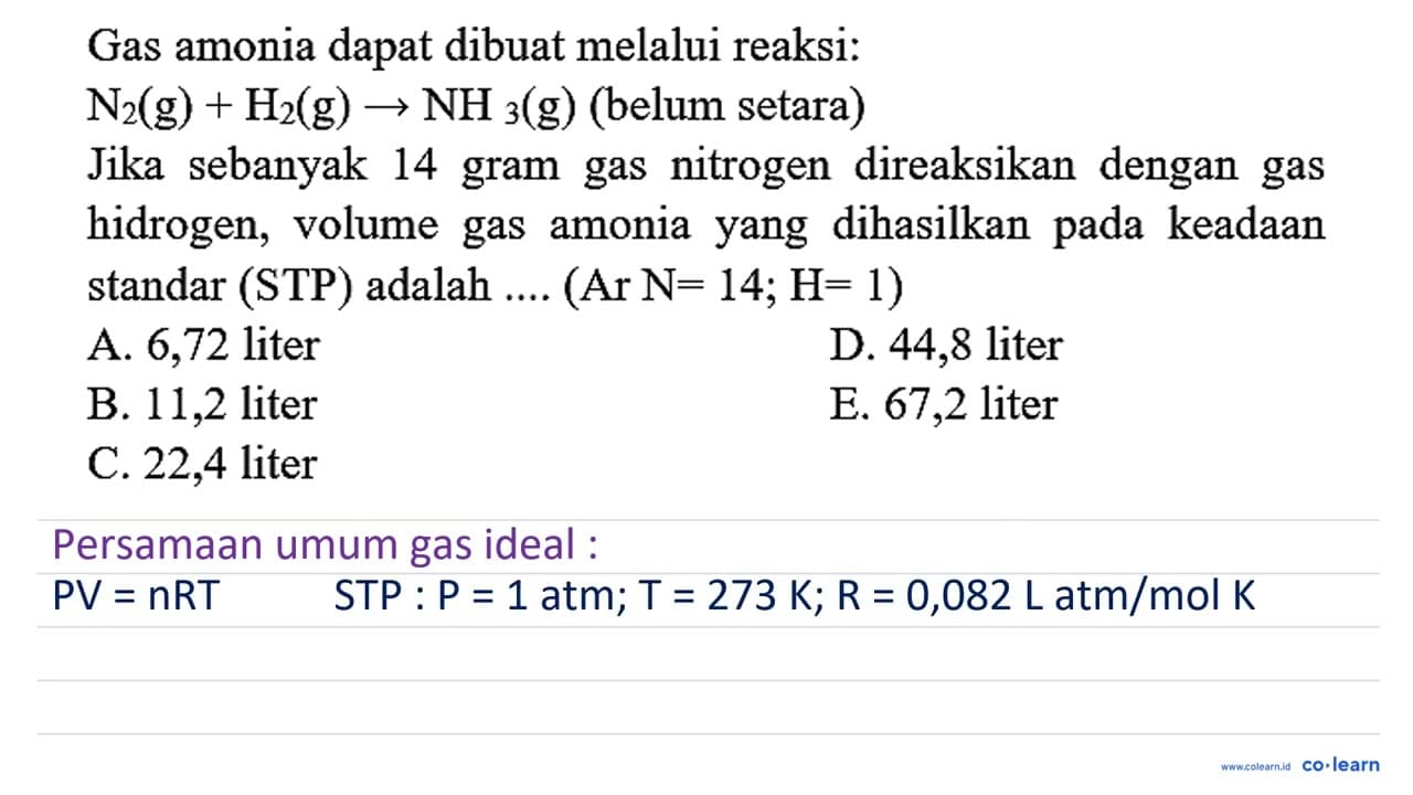 Gas amonia dapat dibuat melalui reaksi: N_(2)(~g)+H_(2)(~g)