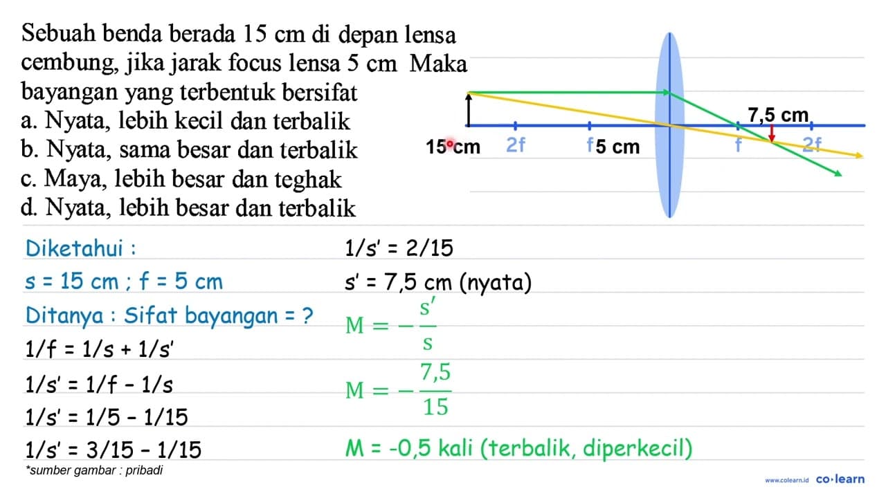 Sebuah benda berada 15 cm di depan lensa cembung, jika