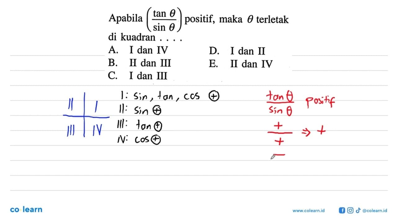 Apabila (tan theta/sin theta) positif, maka theta terletak