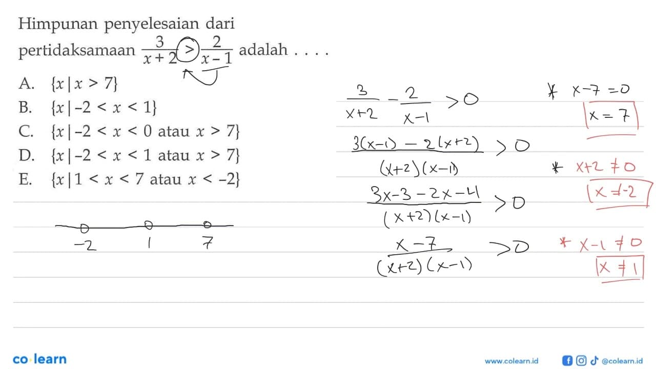 Himpunan penyelesaian dari pertidaksamaan 3/(x+2) > 2/(x-1)