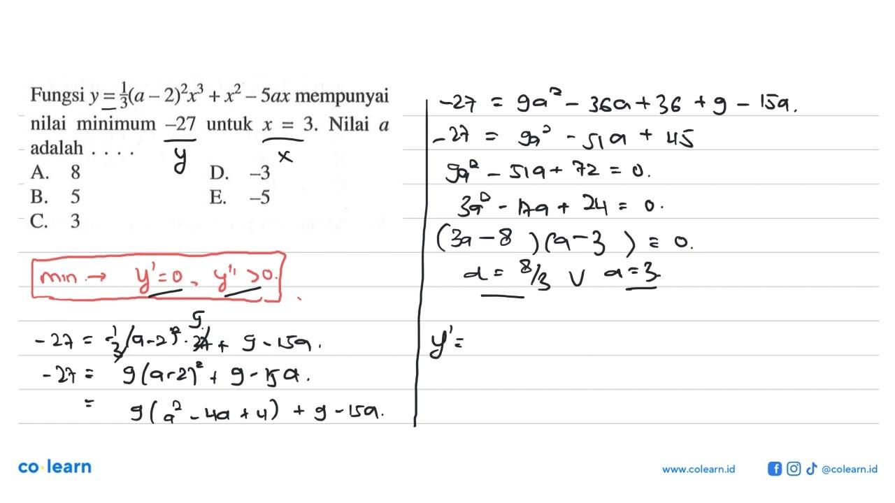 Fungsi y=1/3 (a-2)^2 x^3+x^2-5ax mempunyai nilai minimum