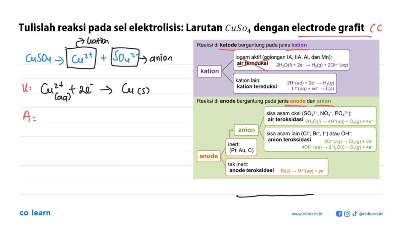 Tulislah reaksi pada sel elektrolisis: Larutan CuSo4 dengan