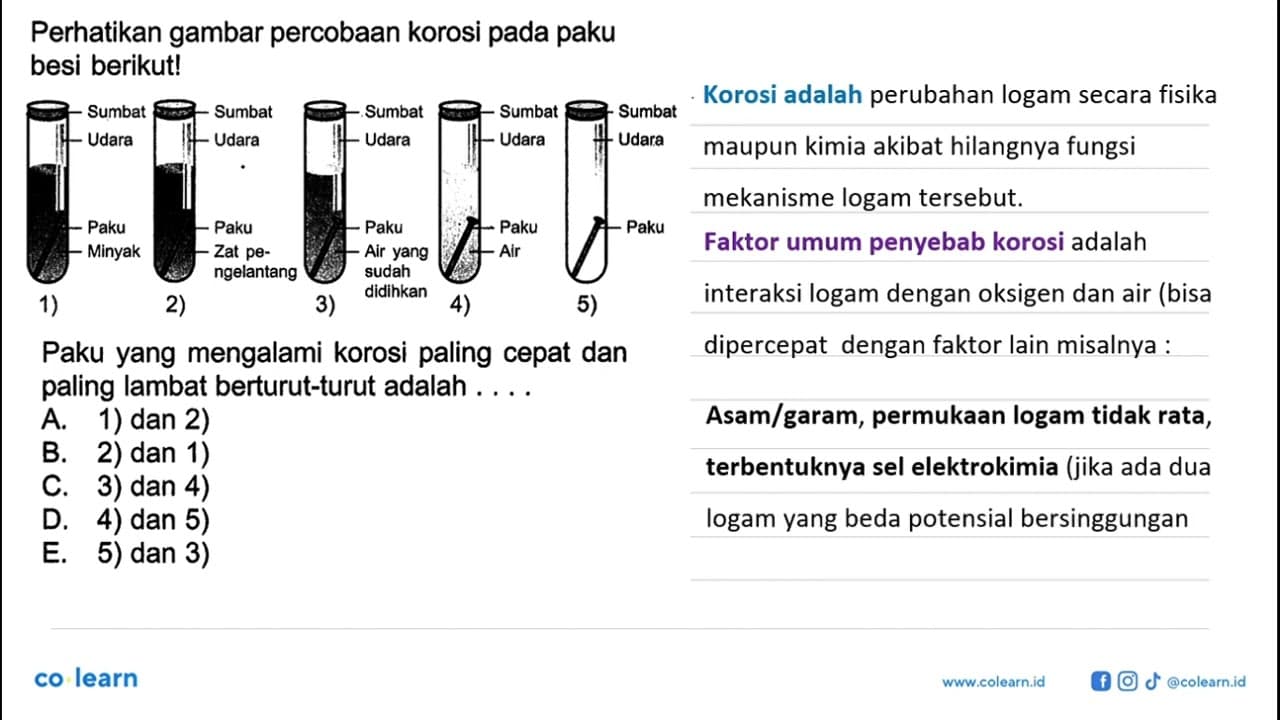 Perhatikan gambar percobaan korosi pada paku besi berikut!