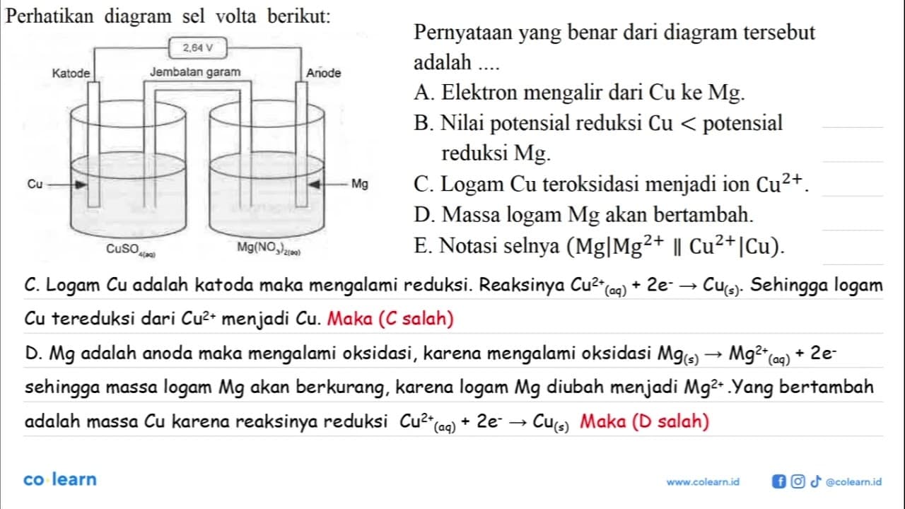 Perhatikan diagram sel volta berikut: 2,64 V Katode