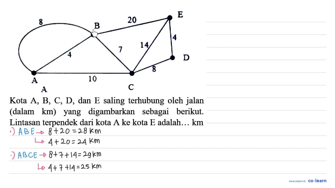 Kota A, B, C, D , dan E saling terhubung oleh jalan (dalam