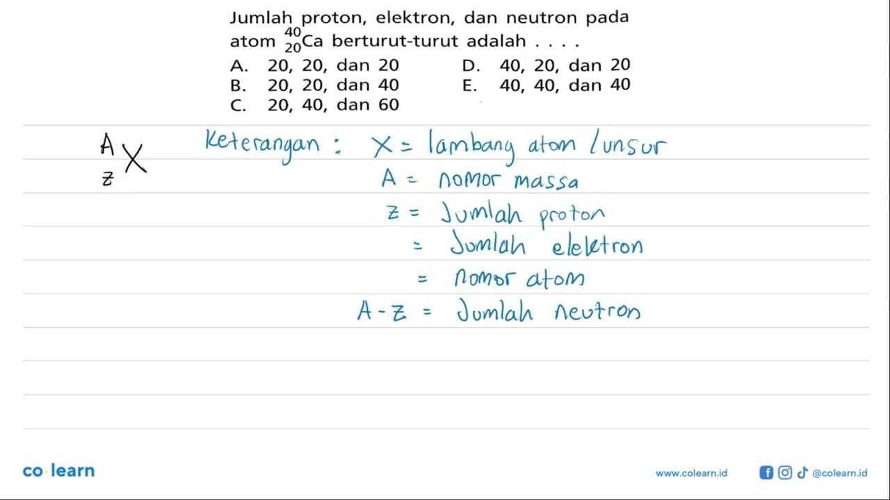 Jumlah proton, elektron, dan neutron pada atom 40 20 Ca