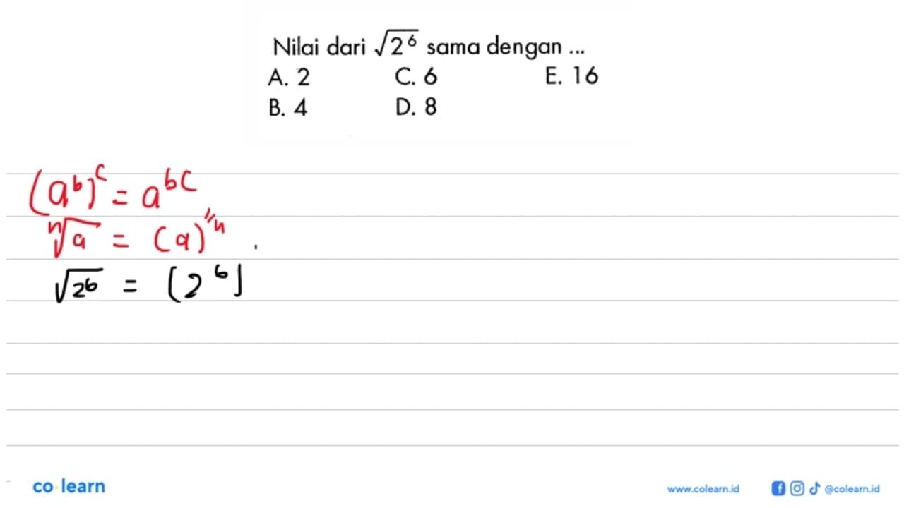 Nilai dari akar(2^6) sama dengan ....