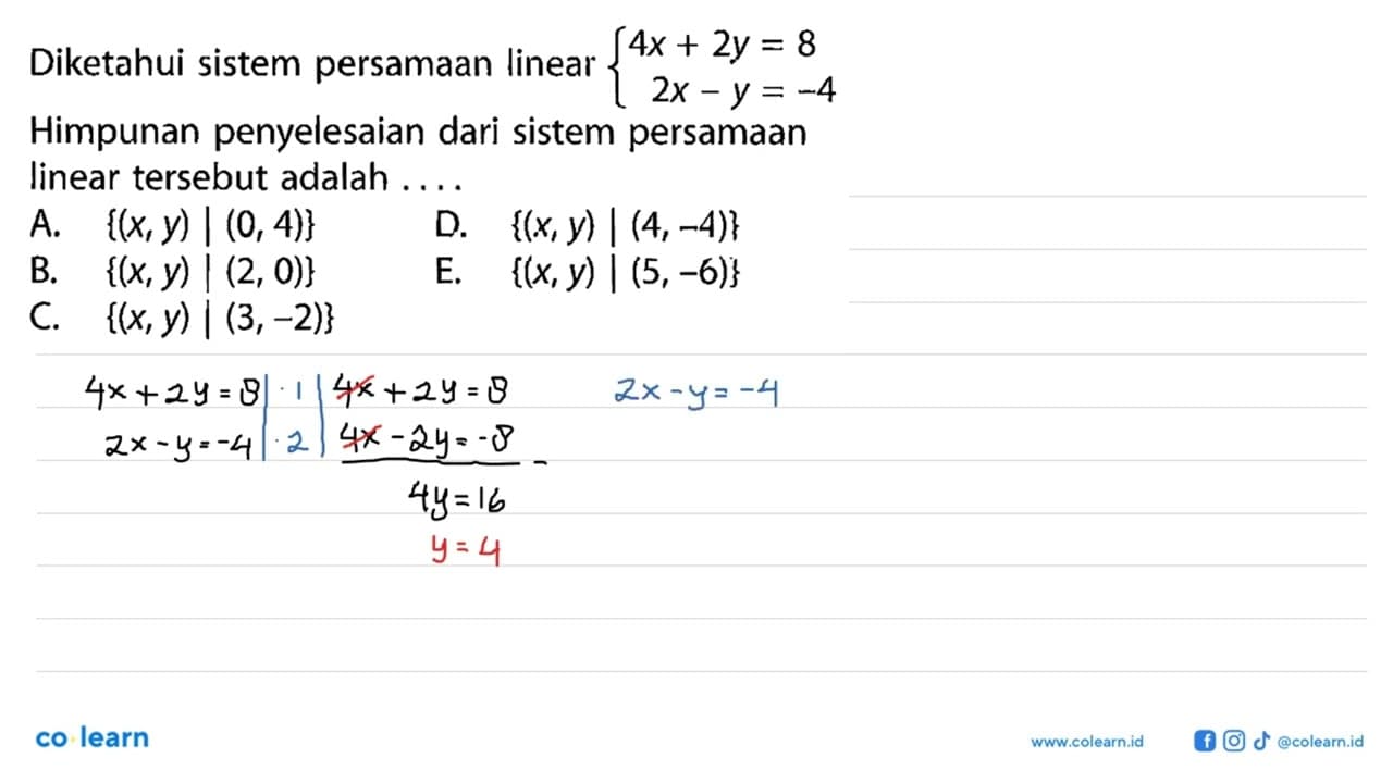 Diketahui sistem persamaan linear {4 x+2y=8 2x-y=(-4).