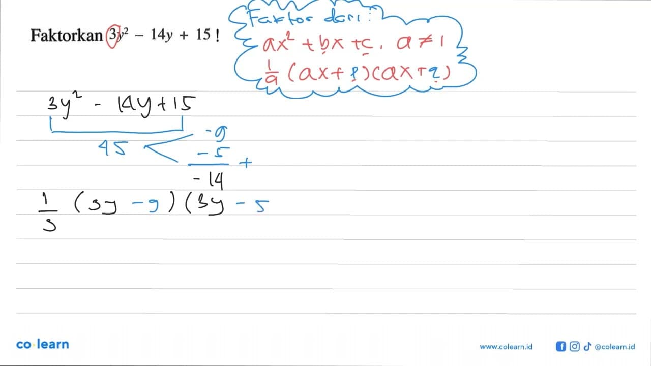 Faktorkan 3y^2 - 14y + 15 !