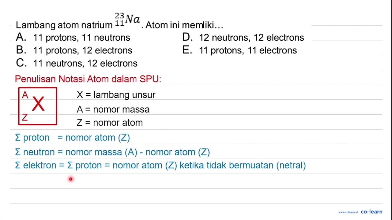 Lambang atom natrium { )^(23) Na . Atom ini memliki...