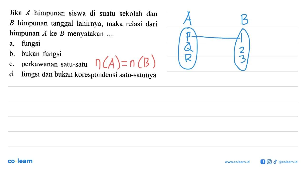 Jika A himpunan siswa di suatu sekolah dan B himpunan