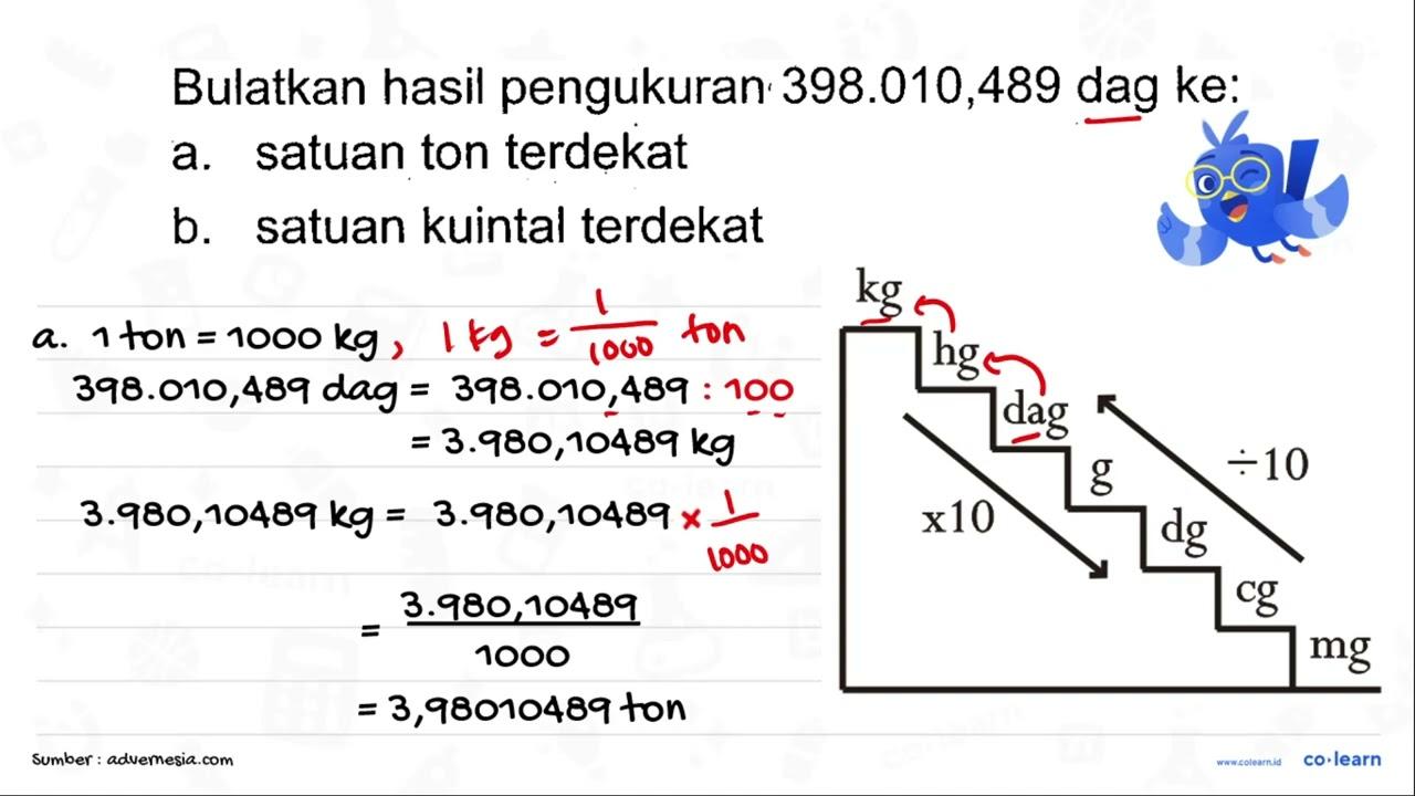 Bulatkan hasil pengukuran 398.010,489 dag ke: a. satuan ton