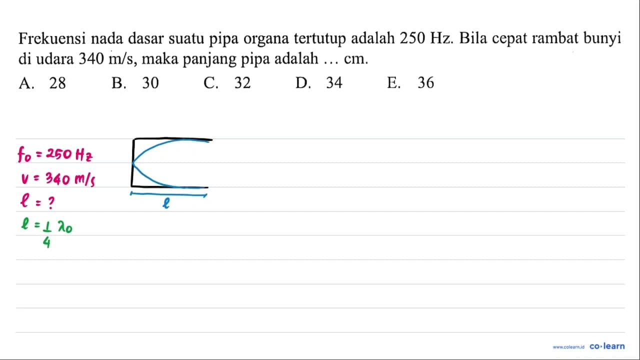 Frekuensi nada dasar suatu pipa organa tertutup adalah 250