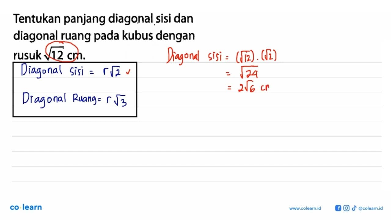 Tentukan panjang diagonal sisi dan diagonal ruang pada