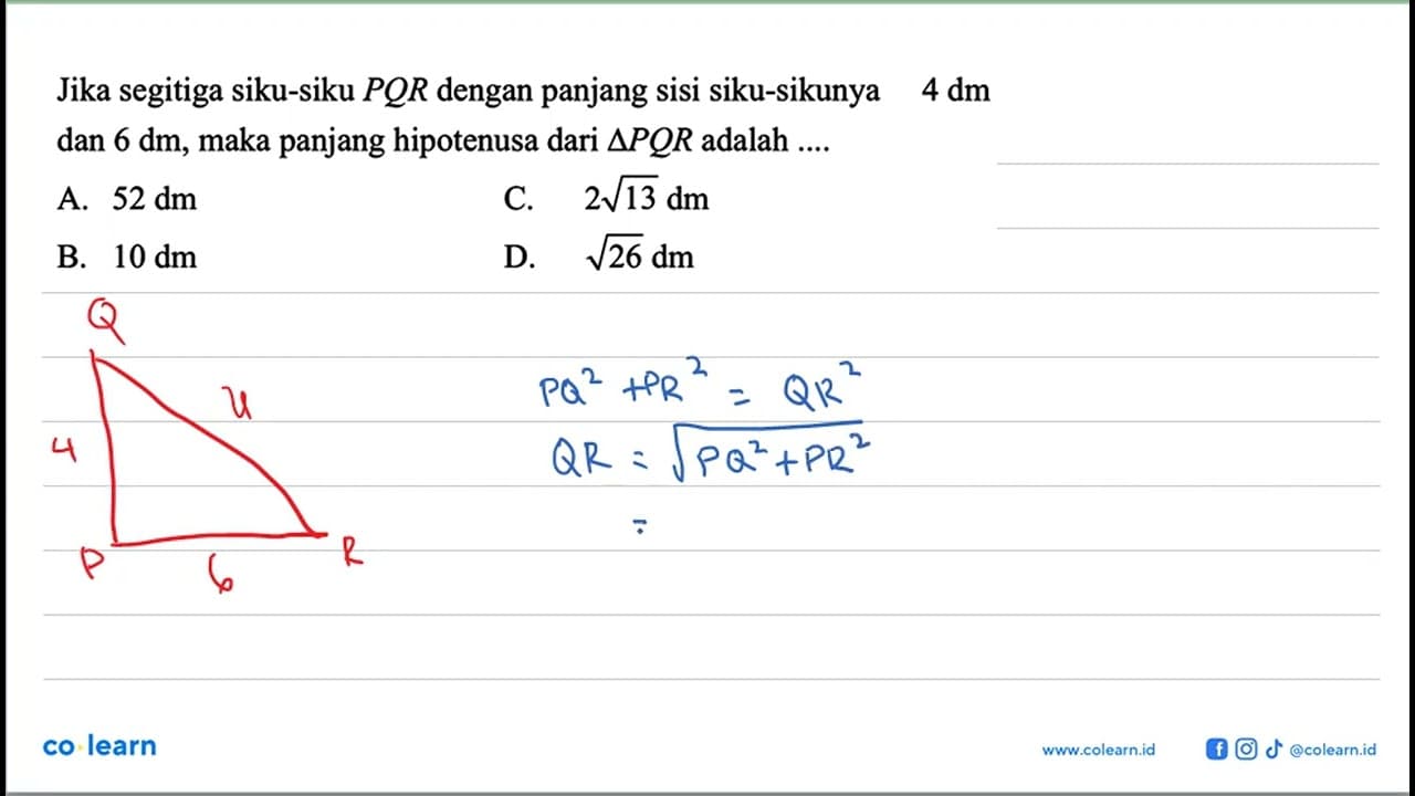 Jika segitiga siku-siku PQR dengan panjang sisi