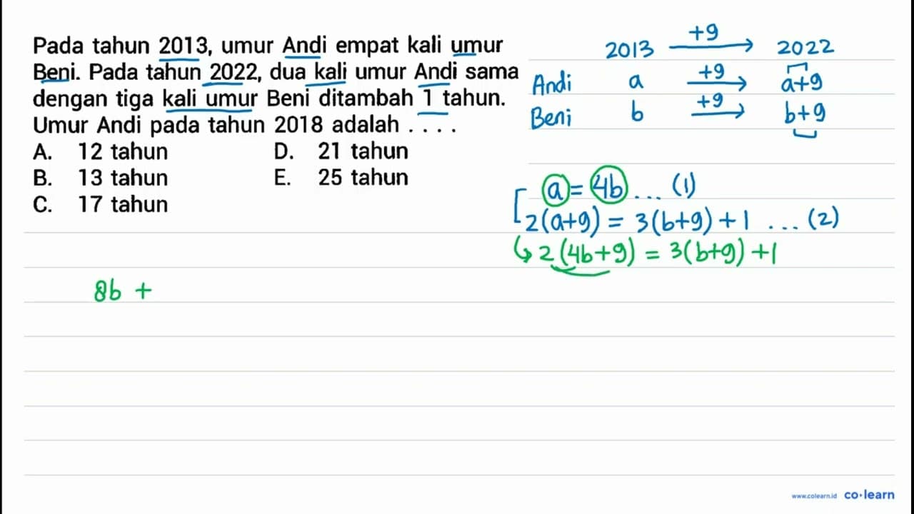 Pada tahun 2013, umur Andi empat kali umur Beni. Pada tahun