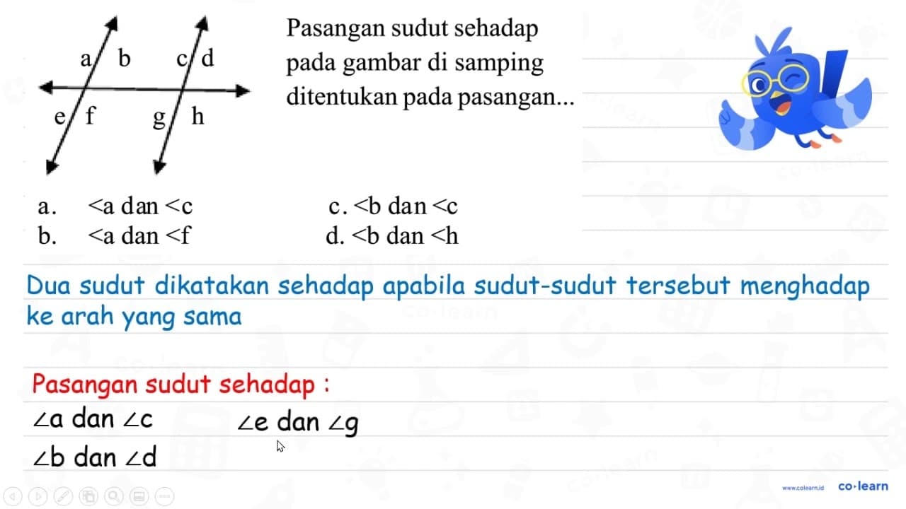 a b c d e f g h Pasangan sudut sehadap pada gambar di