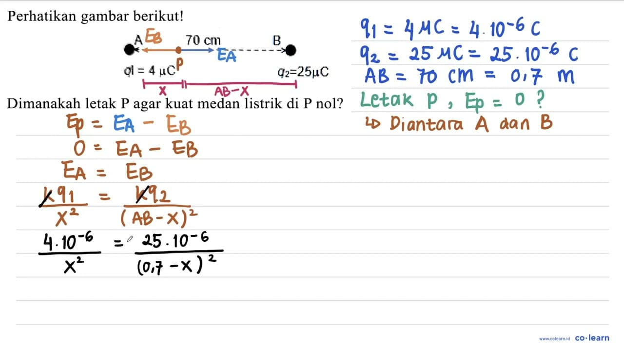 Perhatikan gambar berikut! A 70 cm B q1 = 4 muC q2=25muC