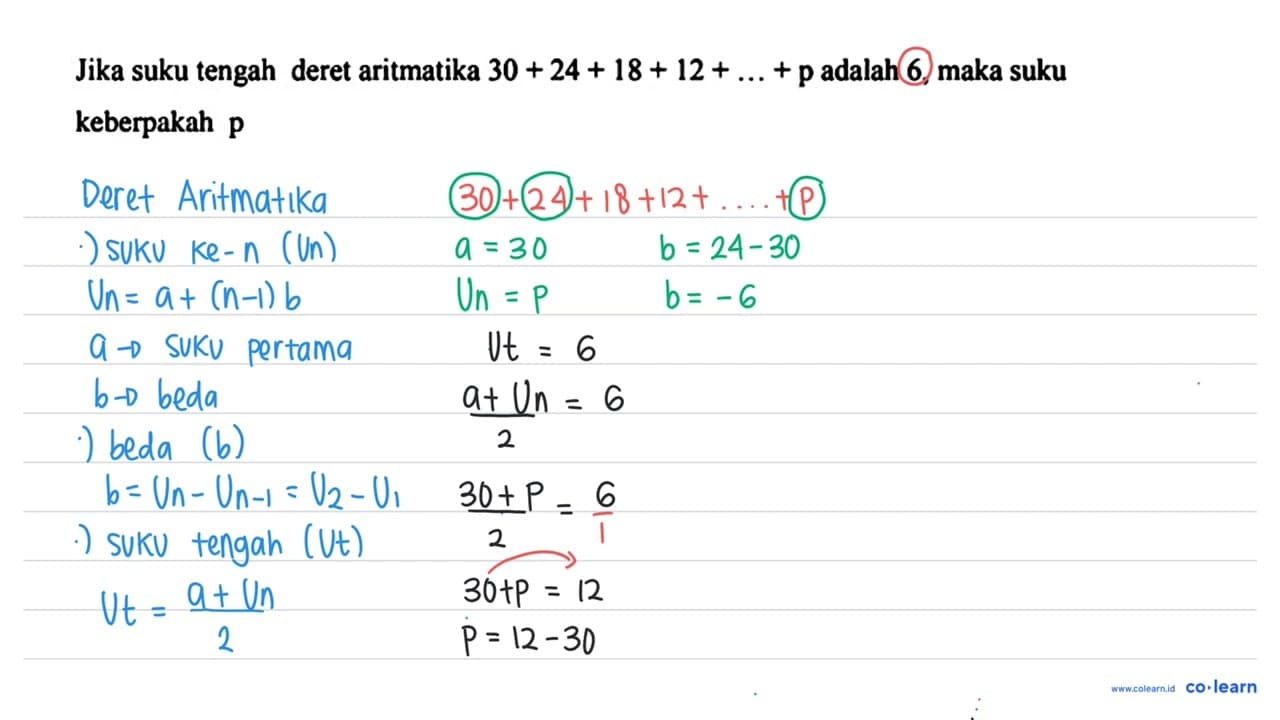 Jika suku tengah deret aritmatika 30 + 24 + 18 + 12 +...+ p