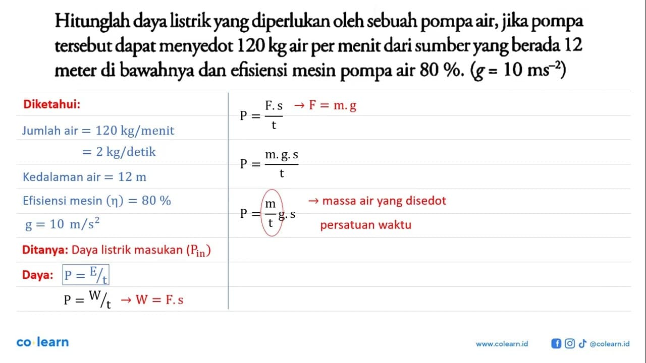 Hitunglah daya listrik yang diperlukan oleh sebuah pompa