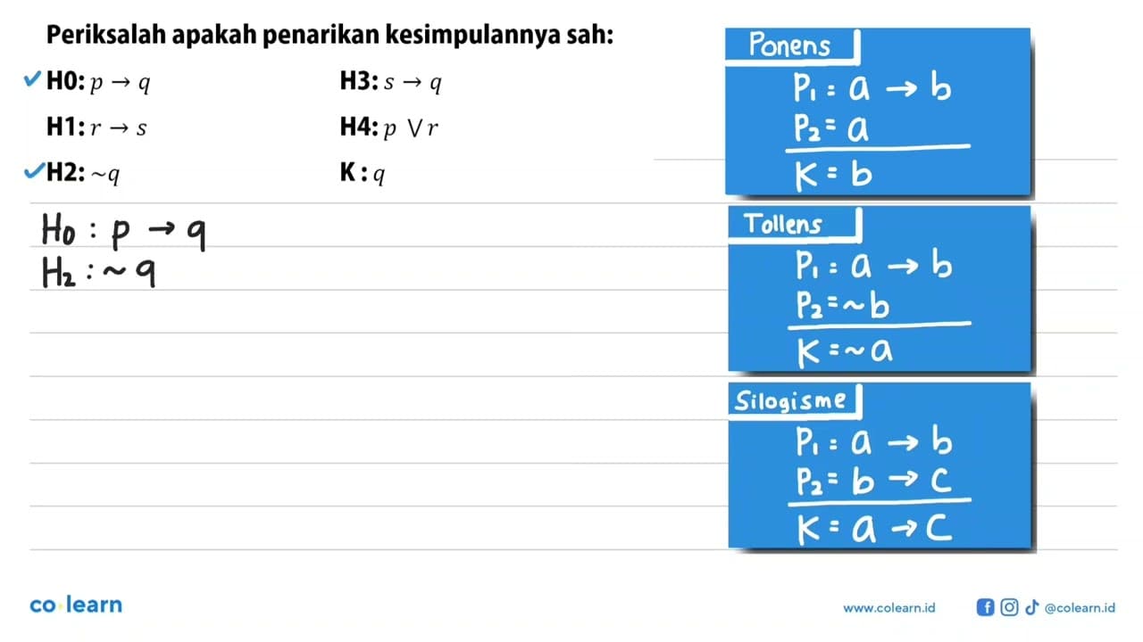 Periksalah apakah penarikan kesimpulannya sah: H0: p -> q