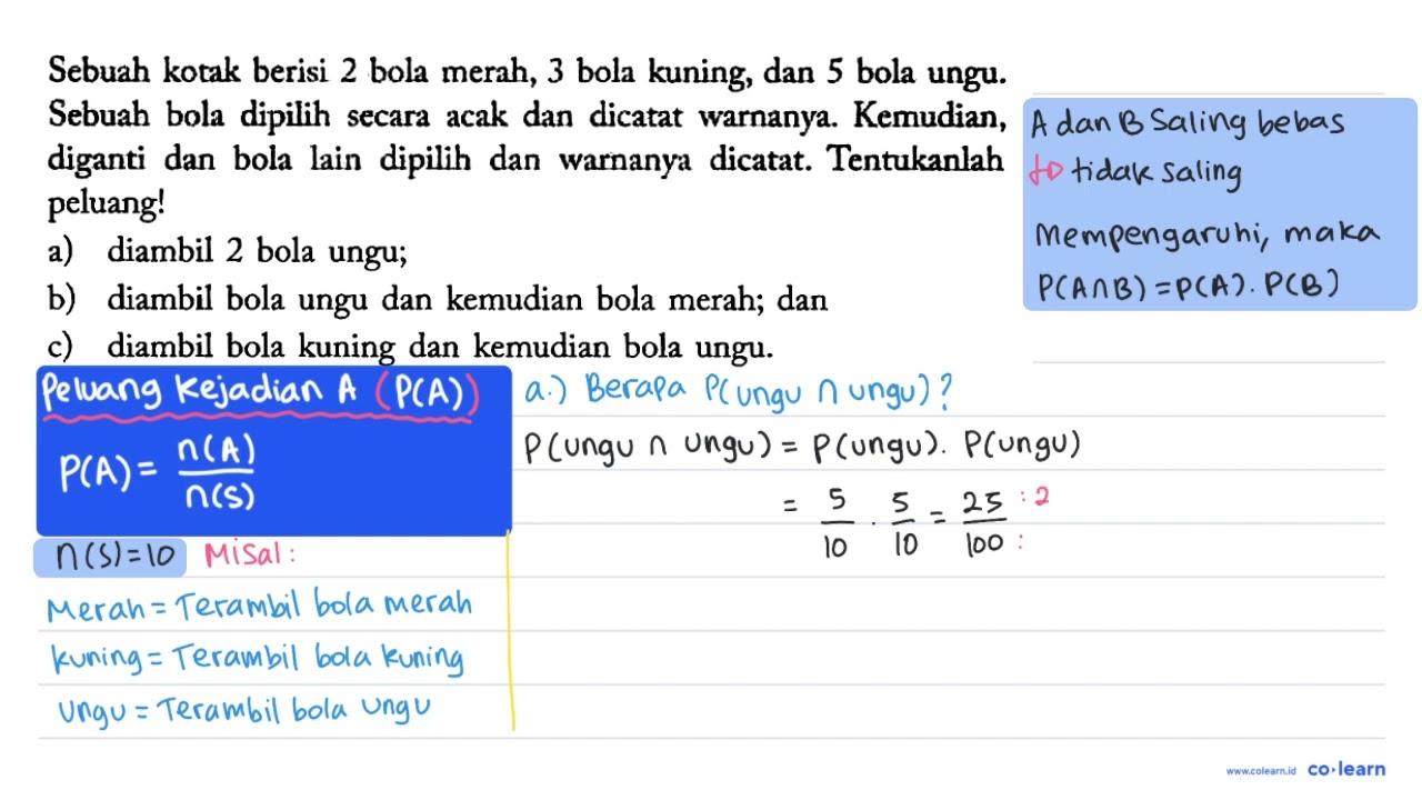 Sebuah kotak berisi 2 bola merah, 3 bola kuning, dan 5 bola