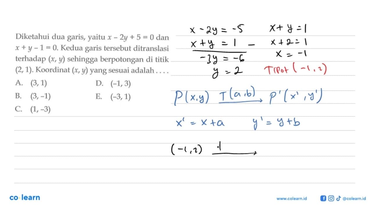 Diketahui dua garis, yaitu x-2y+5=0 dan x+y-1=0. Kedua