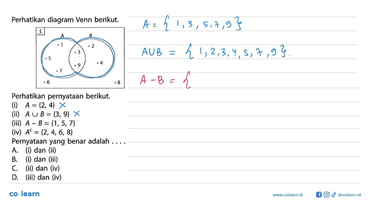 Perhatikan diagram Venn berikut. Perhatikan pernyataan