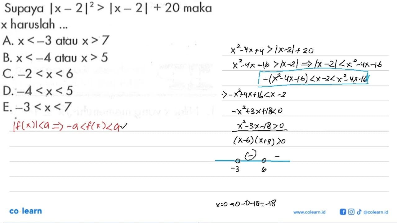 Supaya |x-2|^2>|x-2|+20 maka x haruslah ...