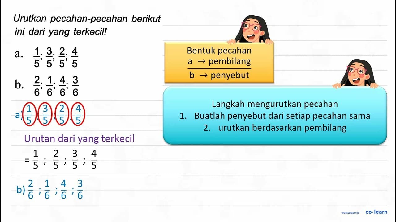 Urutkan pecahan-pecahan berikut ini dari yang terkecil! a.