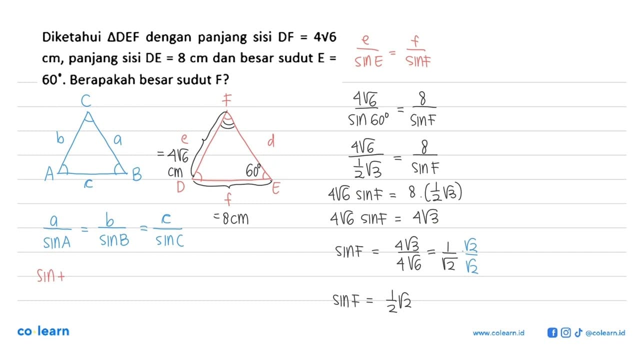 Diketahui segitiga D E F dengan panjang sisi DF =4 akar(6