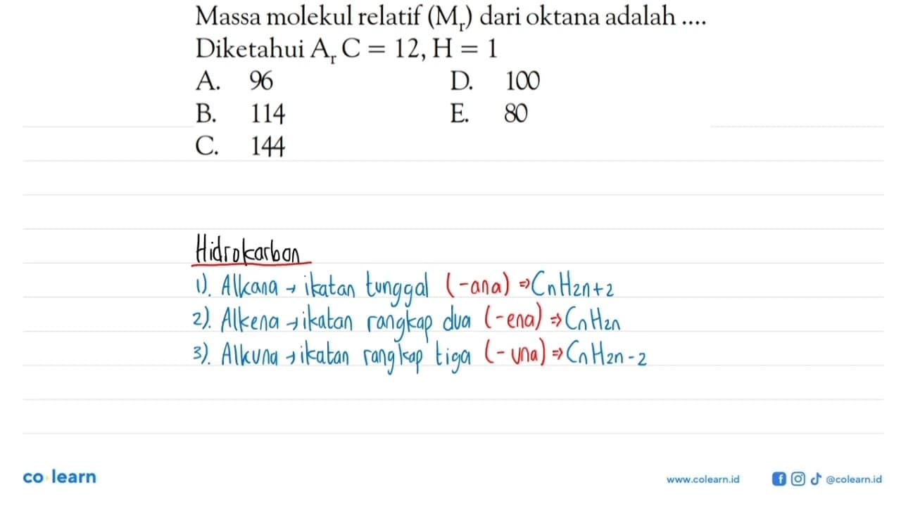 Massa molekul relatif (Mr) dari oktana adalah.... Diketahui