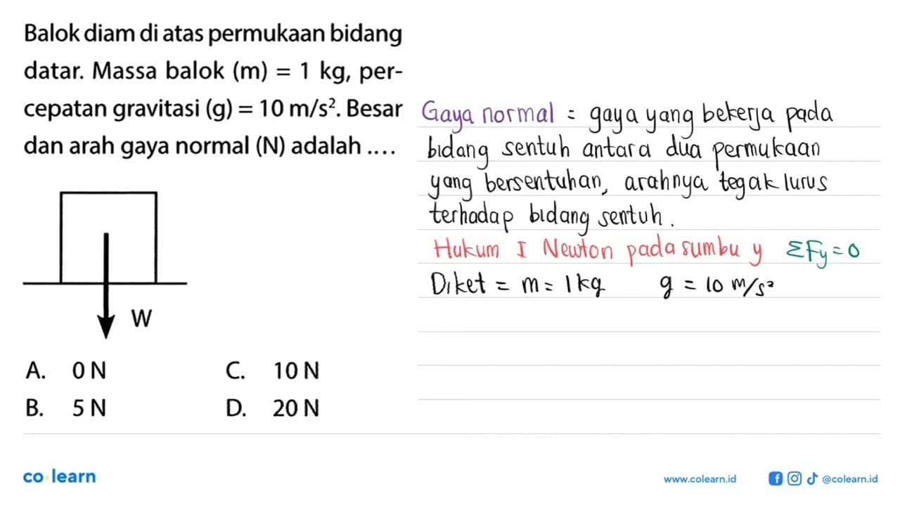 Balok diam di atas permukaan bidang datar. Massa balok (m)