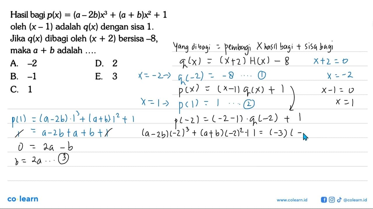 Hasil bagi p(x)=(a-2b)x^3+(a+b)x^2+1 oleh (x-1) adalah q(x)