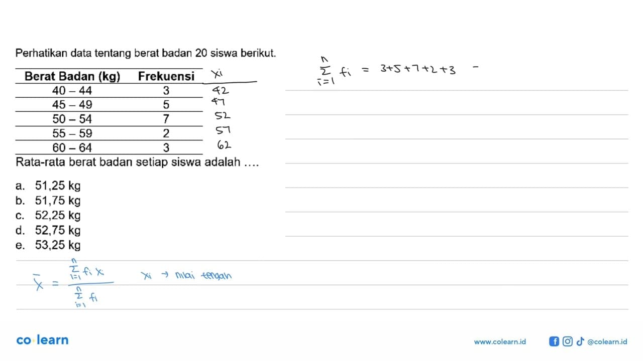 Perhatikan data tentang berat badan 20 siswa berikut. Berat