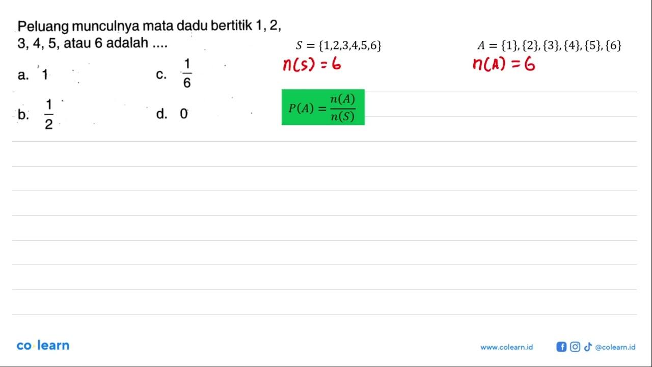 Peluang munculnya mata dadu bertitik 1, 2, 3, 4, 5, atau 6