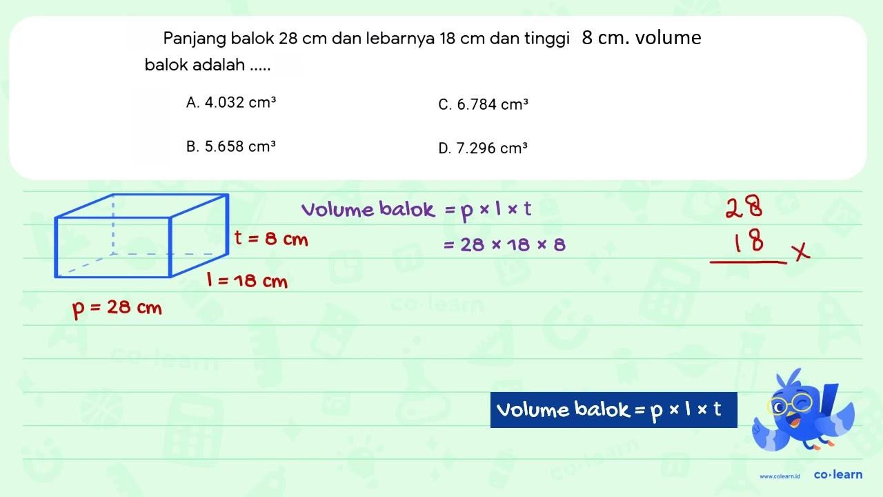 Panjang balok 28 cm dan lebarnya 18 cm dan tinggi 8 .