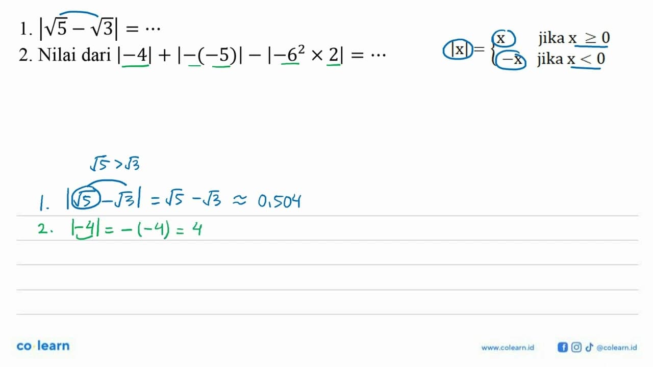 1. |akar(5)-akar(3)|=... 2. Nilai dari