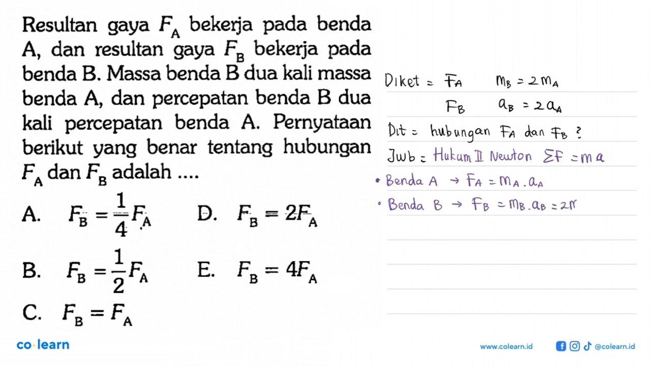 Resultan gaya FA bekerja pada benda A , dan resultan gaya