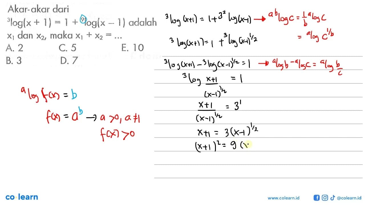 Akar-akar dari 3log(x+1)=1+9log(x-1) adalah x1 dan x2, maka