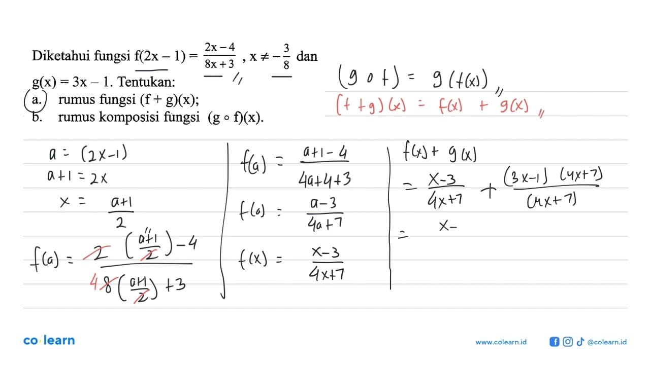 Diketahui fungsi f(2x-1)=(2x-4)/(8x+3), x=/=-3/8 dan