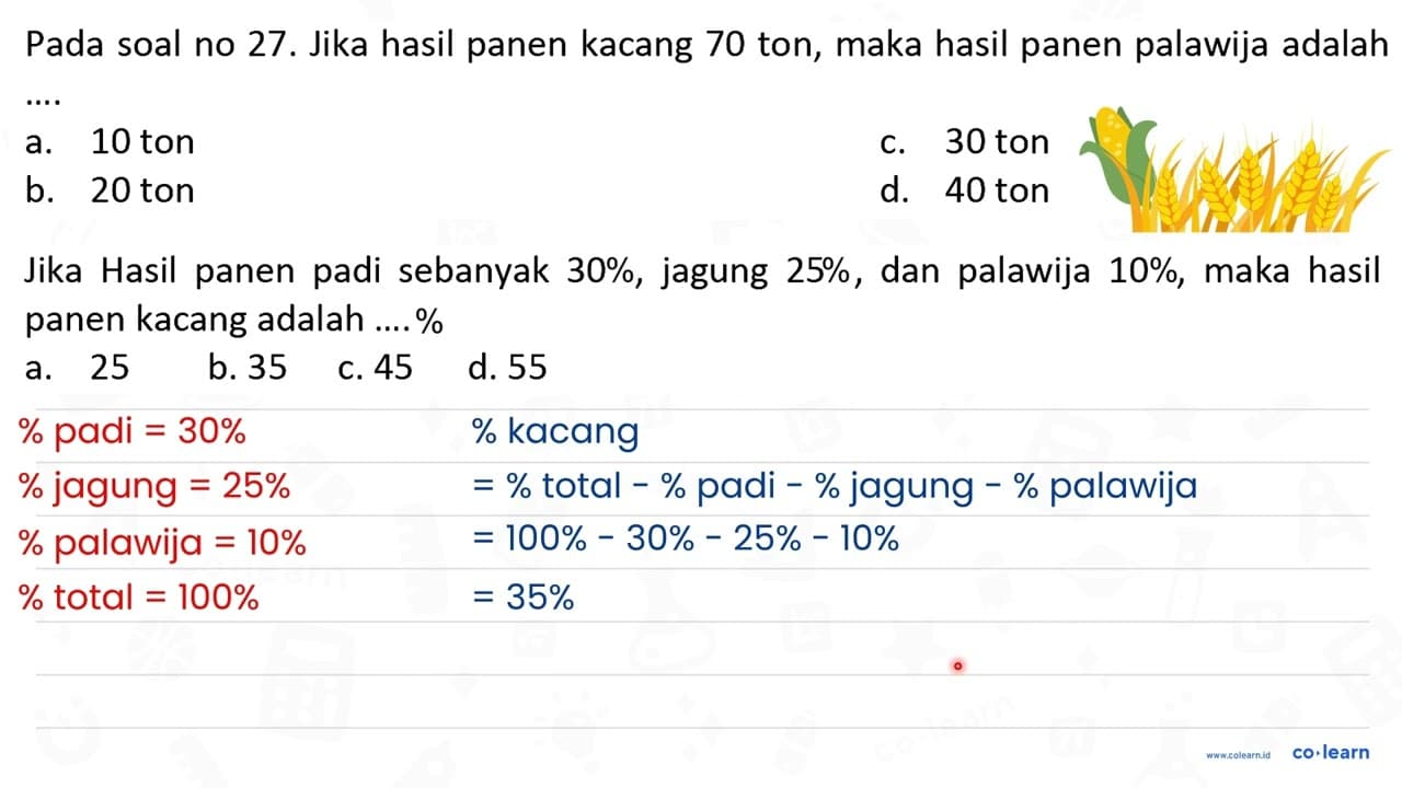 Pada soal no 27. Jika hasil panen kacang 70 ton, maka hasil