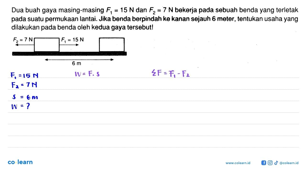 Dua buah gaya masing-masing F1=15 N dan F2=7 N bekerja pada