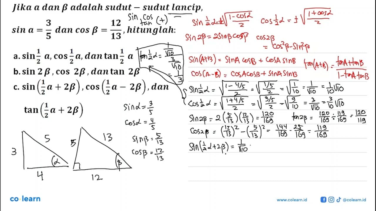 Jika a dan b adalah sudut-sudut lancip, sin a=3/5 dan cos