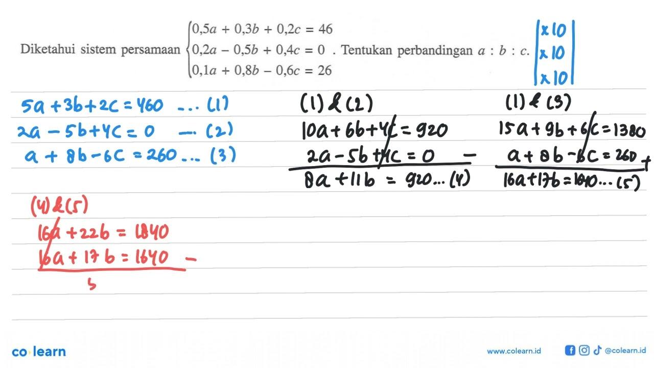 Diketahui sistem persamaan 0,5a+0,3b+0,2c=46