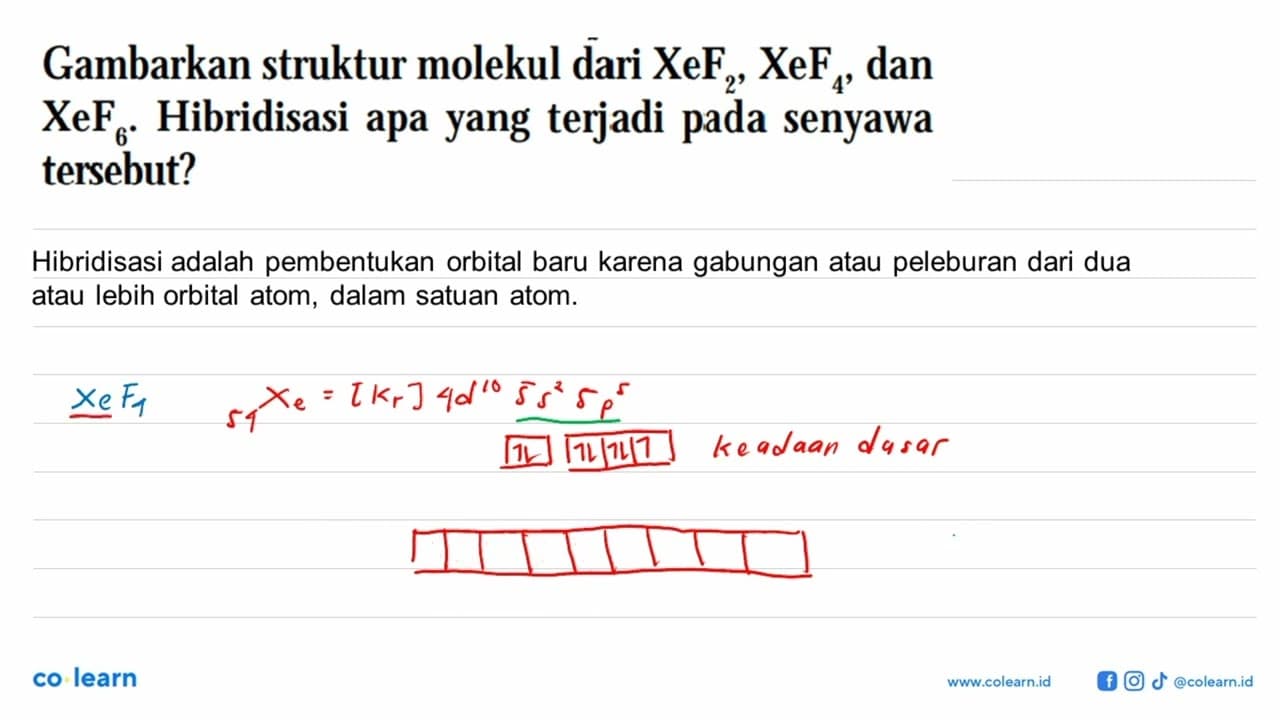 Gambarkan struktur molekul dari XeF2, XeF4, dan XeF6.