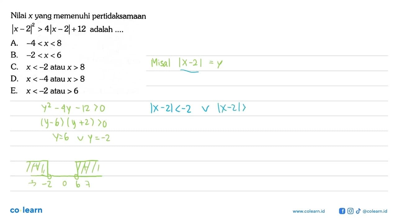 Nilai x yang memenuhi pertidaksamaan Ix-2|^2>4|x-2|+12